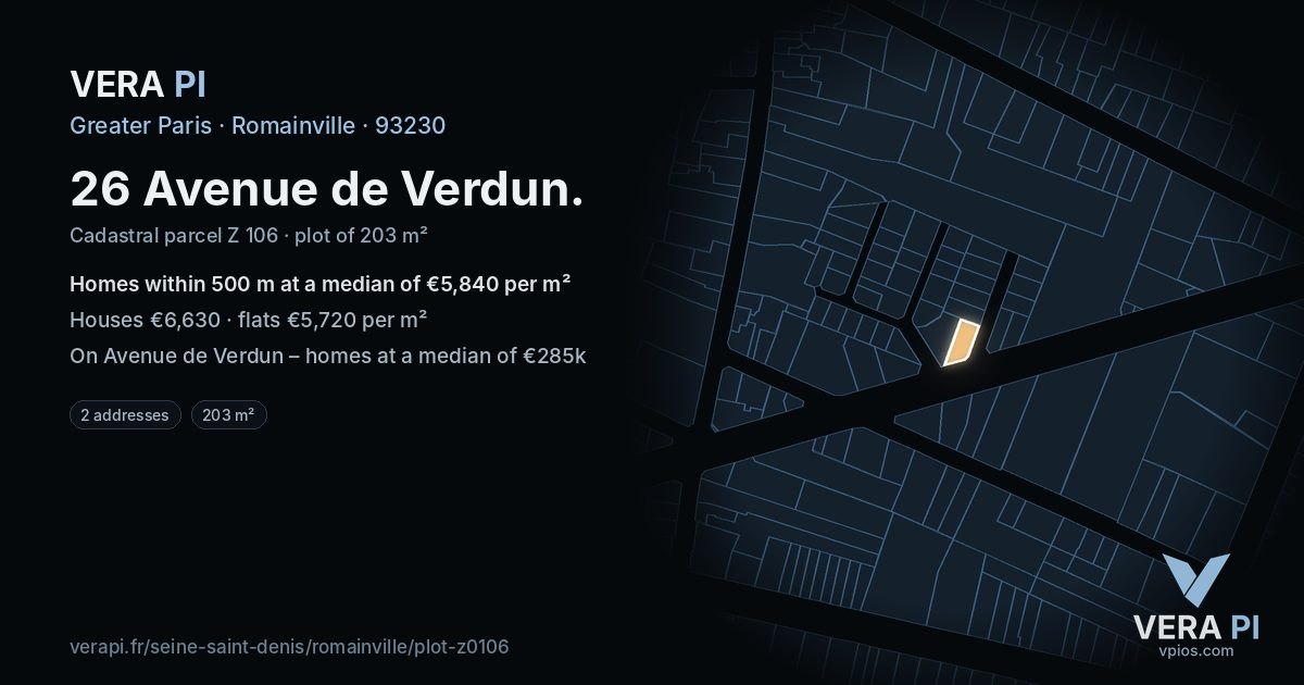 26 Avenue de Verdun, Romainville at night – the plot lit, the parcels around coloured by the prices near them
