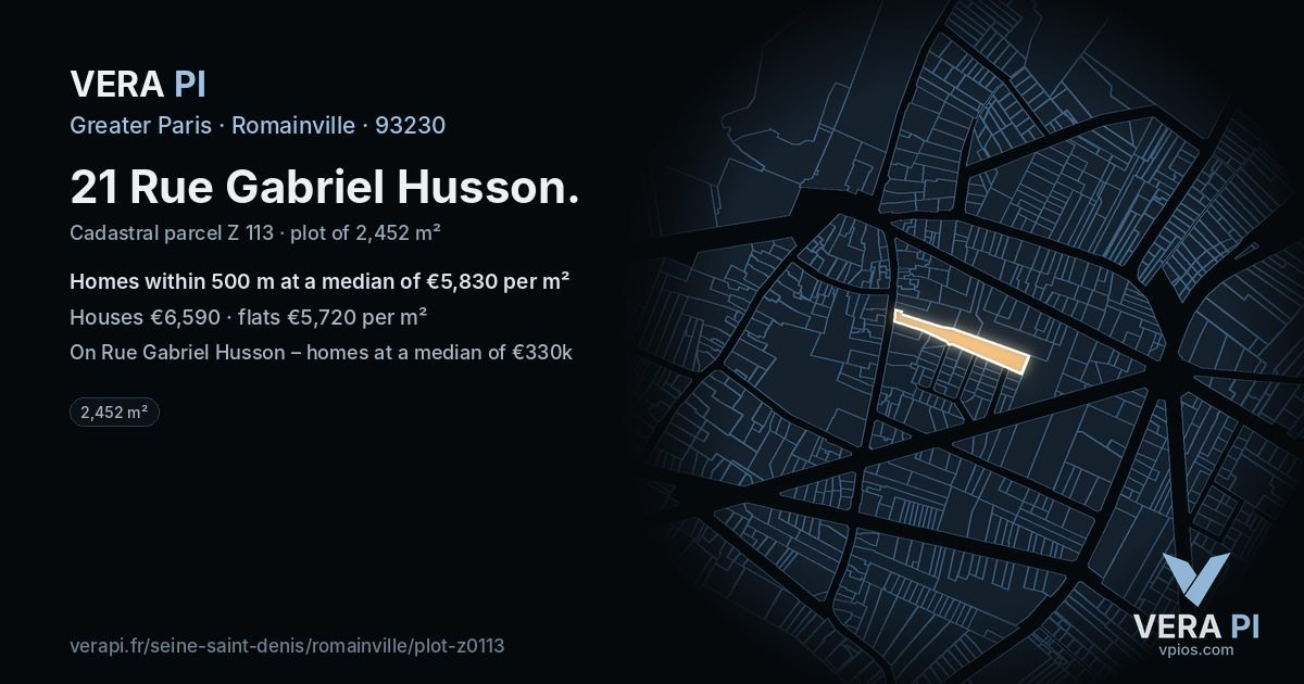 21 Rue Gabriel Husson, Romainville at night – the plot lit, the parcels around coloured by the prices near them