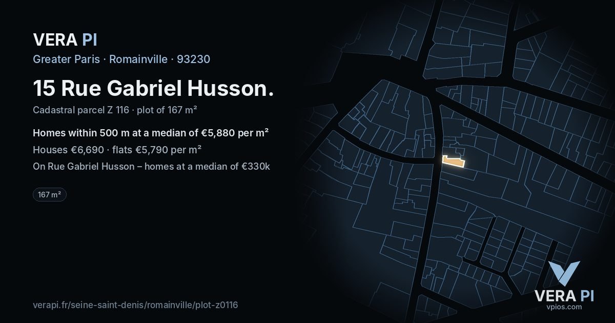 15 Rue Gabriel Husson, Romainville at night – the plot lit, the parcels around coloured by the prices near them