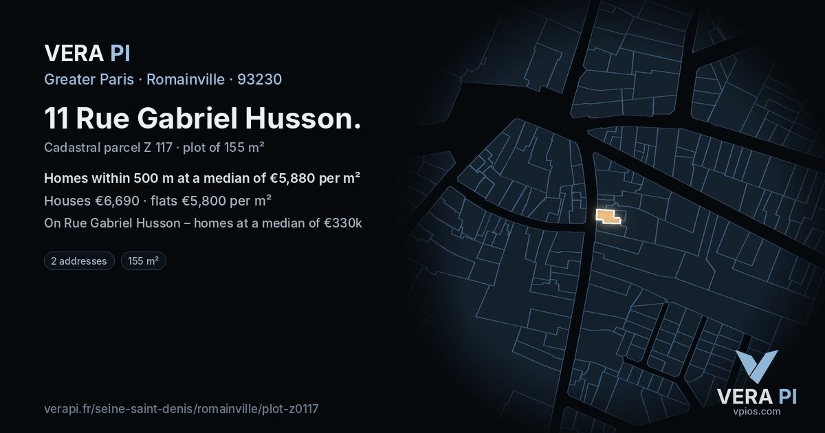 11 Rue Gabriel Husson, Romainville at night – the plot lit, the parcels around coloured by the prices near them