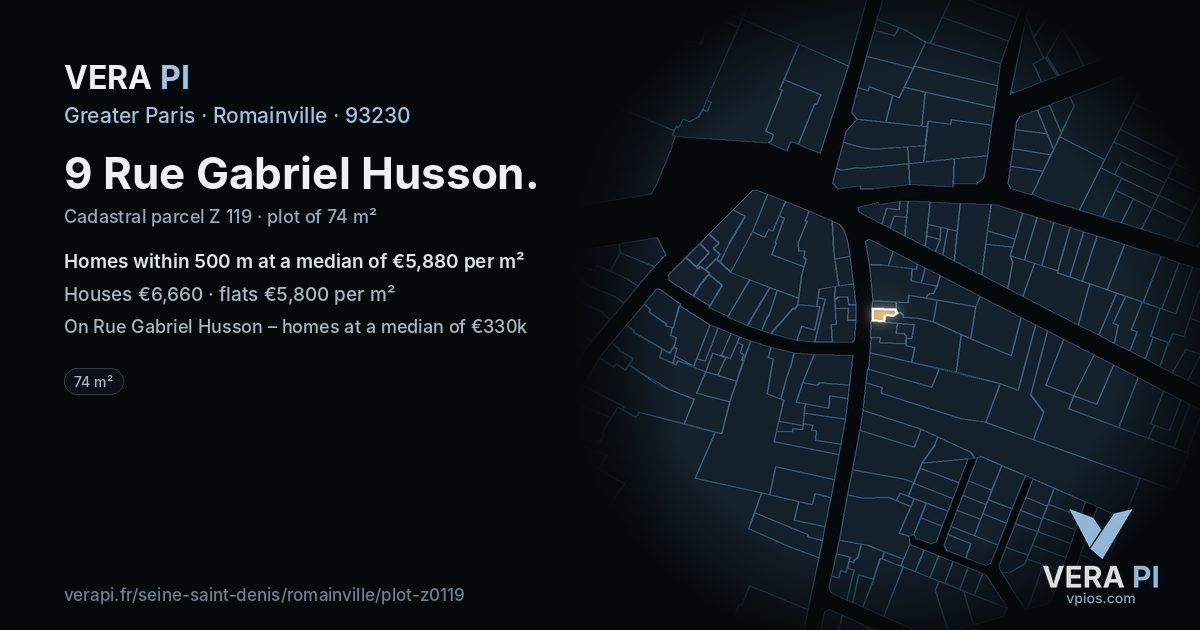 9 Rue Gabriel Husson, Romainville at night – the plot lit, the parcels around coloured by the prices near them