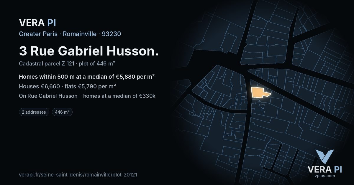 3 Rue Gabriel Husson, Romainville at night – the plot lit, the parcels around coloured by the prices near them
