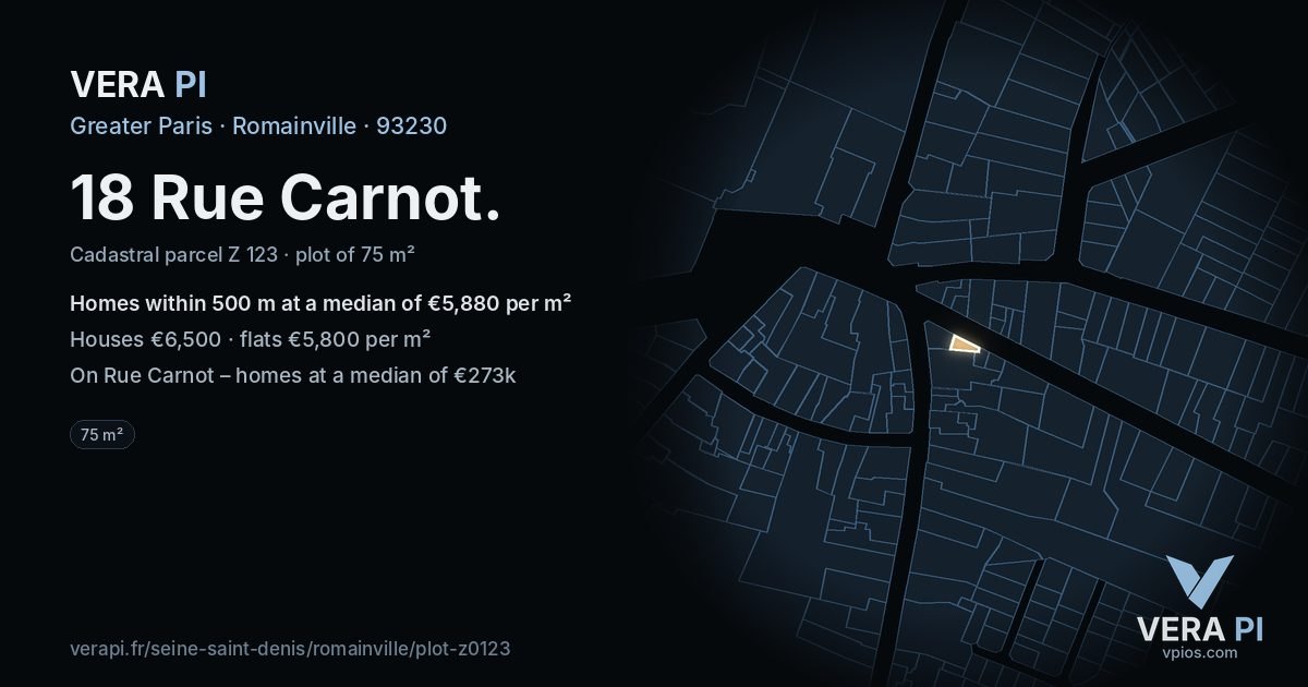 18 Rue Carnot, Romainville at night – the plot lit, the parcels around coloured by the prices near them