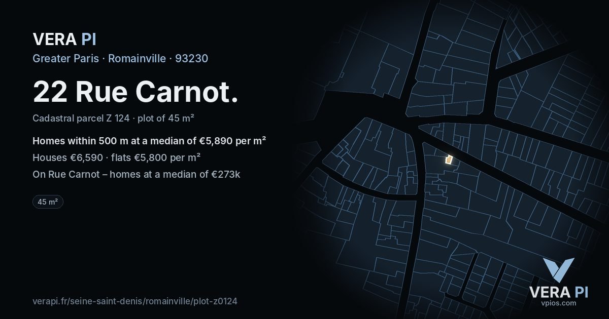 22 Rue Carnot, Romainville at night – the plot lit, the parcels around coloured by the prices near them