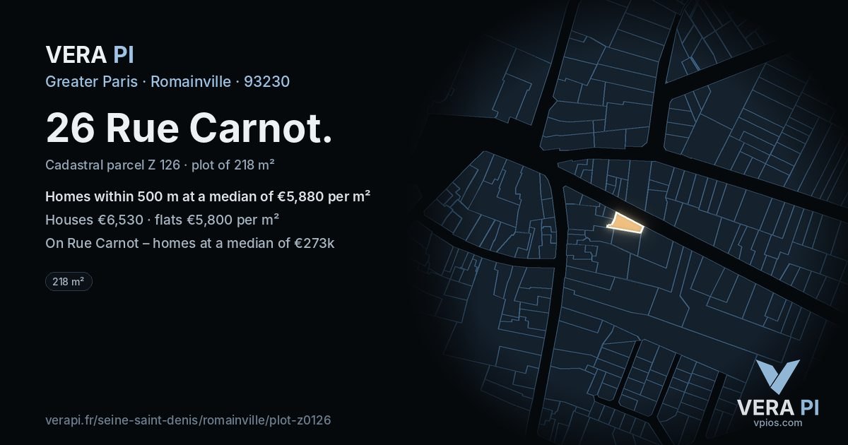 26 Rue Carnot, Romainville at night – the plot lit, the parcels around coloured by the prices near them