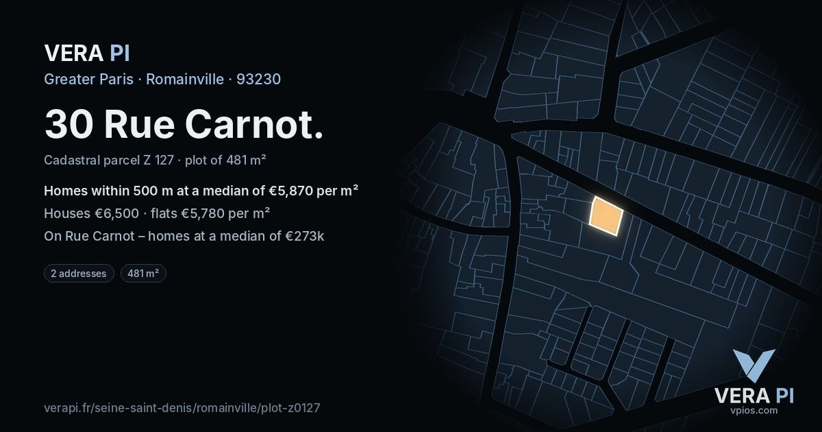 30 Rue Carnot, Romainville at night – the plot lit, the parcels around coloured by the prices near them