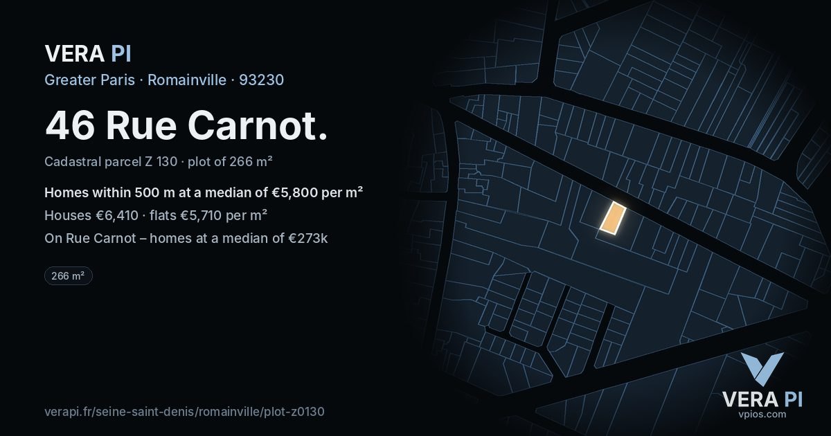 46 Rue Carnot, Romainville at night – the plot lit, the parcels around coloured by the prices near them
