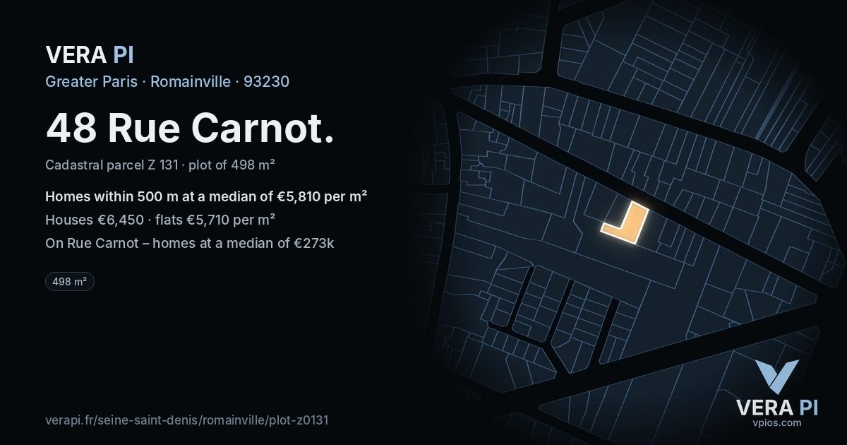 48 Rue Carnot, Romainville at night – the plot lit, the parcels around coloured by the prices near them
