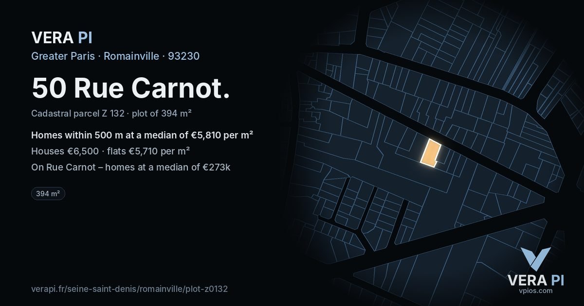 50 Rue Carnot, Romainville at night – the plot lit, the parcels around coloured by the prices near them