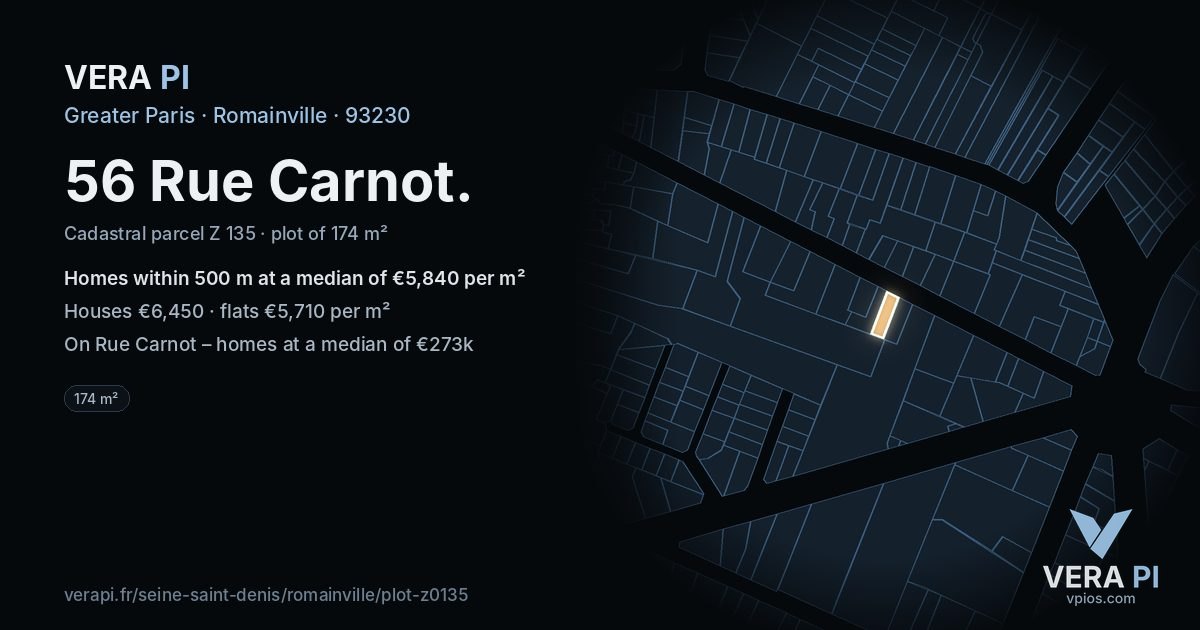56 Rue Carnot, Romainville at night – the plot lit, the parcels around coloured by the prices near them