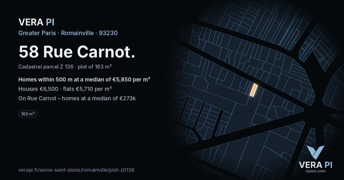 58 Rue Carnot, Romainville at night – the plot lit, the parcels around coloured by the prices near them