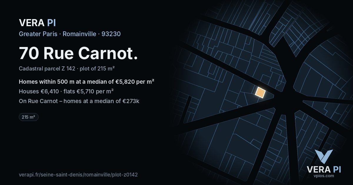 70 Rue Carnot, Romainville at night – the plot lit, the parcels around coloured by the prices near them