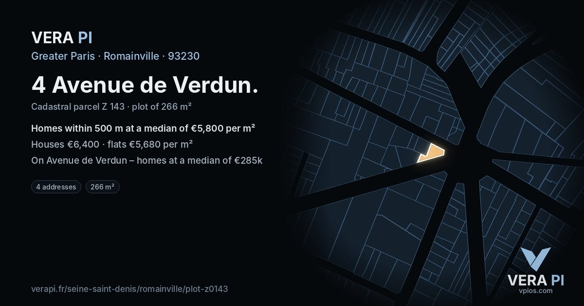 4 Avenue de Verdun, Romainville at night – the plot lit, the parcels around coloured by the prices near them