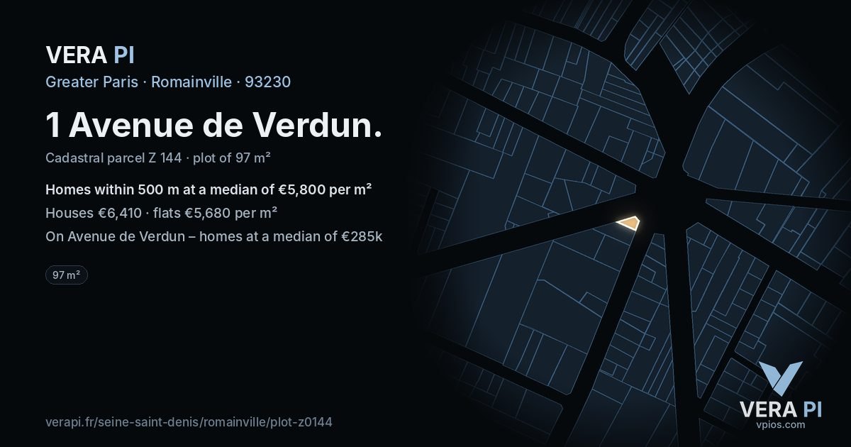 1 Avenue de Verdun, Romainville at night – the plot lit, the parcels around coloured by the prices near them