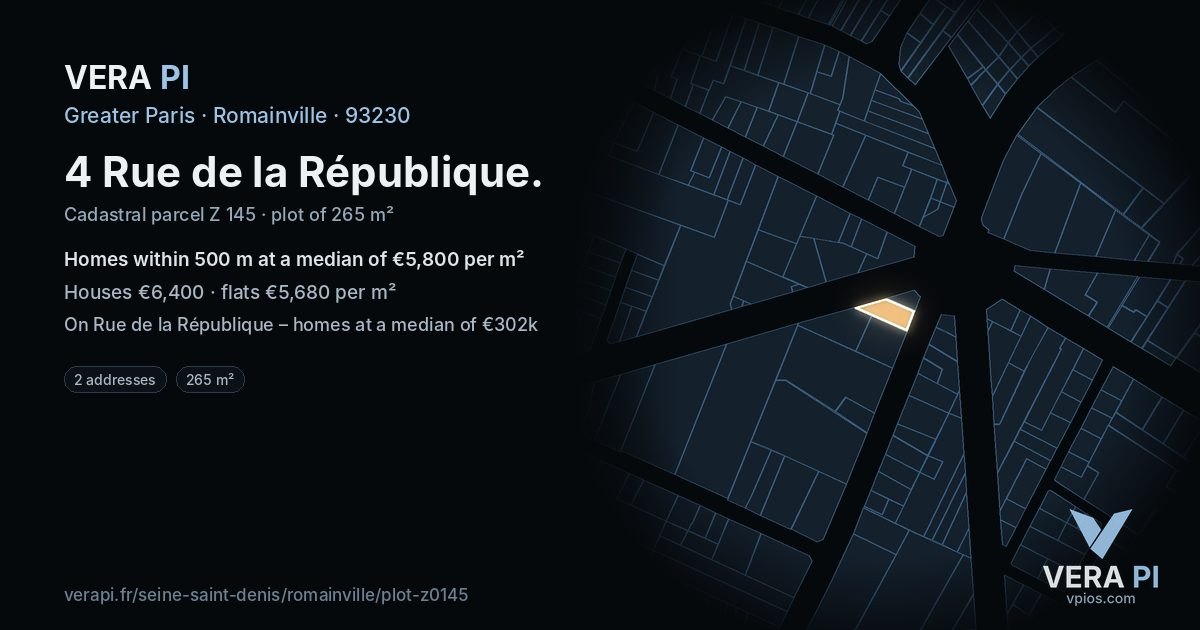 4 Rue de la République, Romainville at night – the plot lit, the parcels around coloured by the prices near them