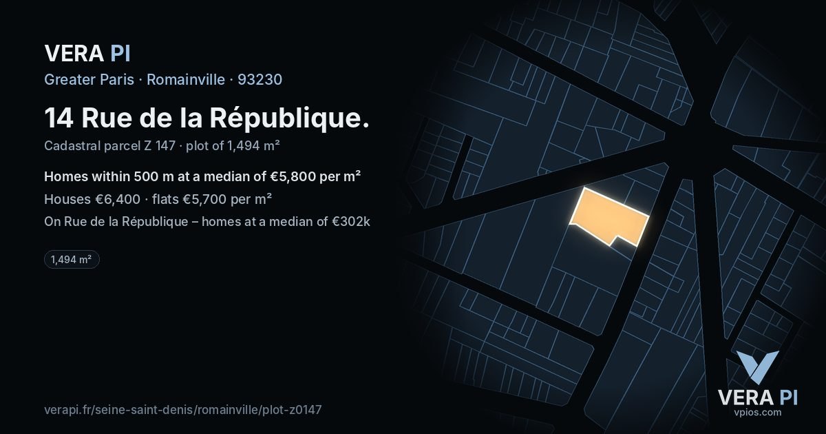 14 Rue de la République, Romainville at night – the plot lit, the parcels around coloured by the prices near them