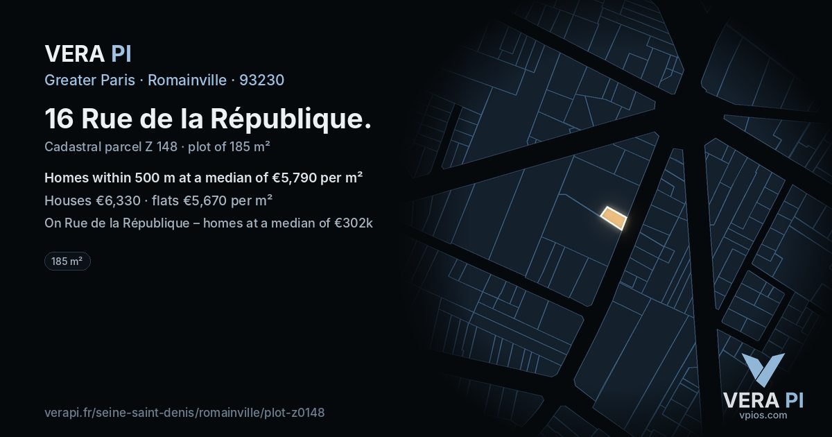 16 Rue de la République, Romainville at night – the plot lit, the parcels around coloured by the prices near them