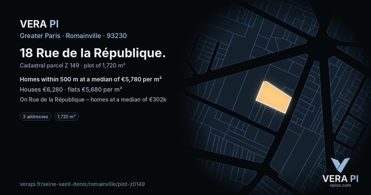18 Rue de la République, Romainville at night – the plot lit, the parcels around coloured by the prices near them