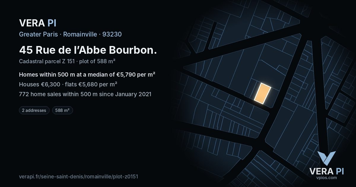 45 Rue de l’Abbe Bourbon, Romainville at night – the plot lit, the parcels around coloured by the prices near them