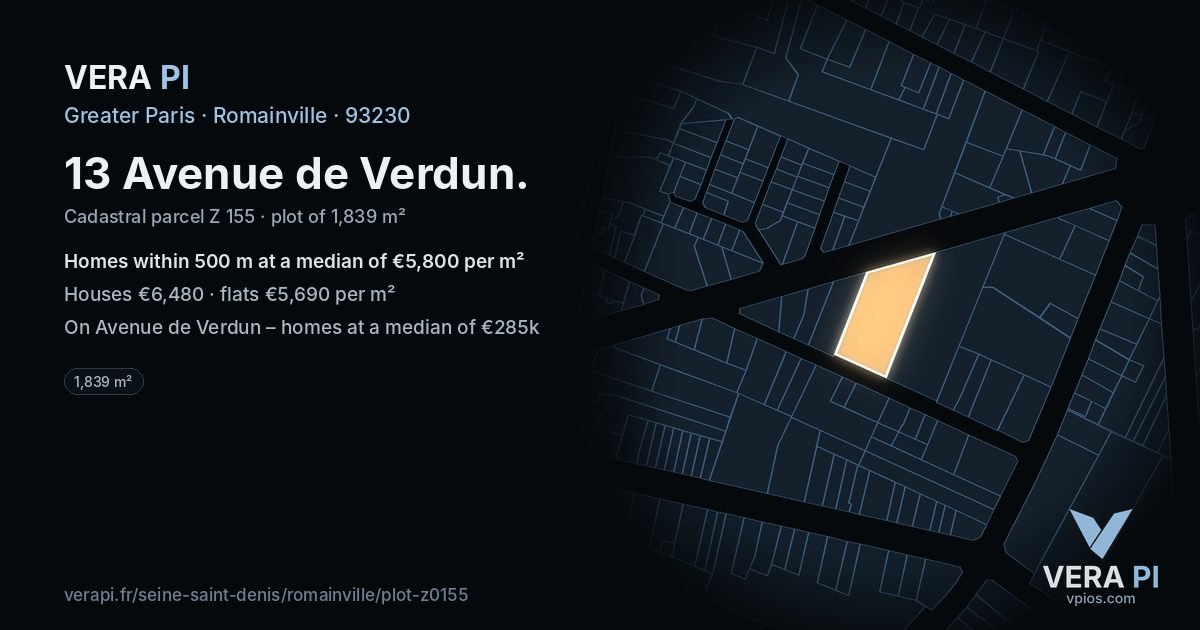 13 Avenue de Verdun, Romainville at night – the plot lit, the parcels around coloured by the prices near them