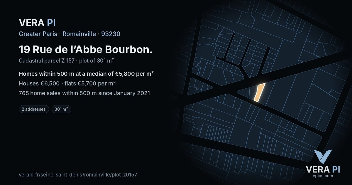 19 Rue de l’Abbe Bourbon, Romainville at night – the plot lit, the parcels around coloured by the prices near them