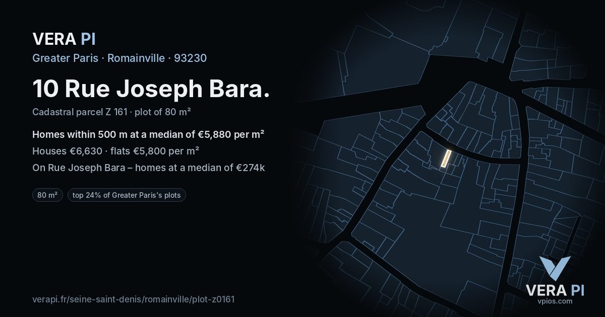 10 Rue Joseph Bara, Romainville at night – the plot lit, the parcels around coloured by the prices near them
