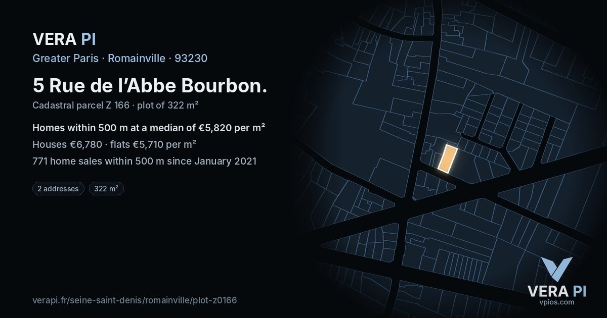5 Rue de l’Abbe Bourbon, Romainville at night – the plot lit, the parcels around coloured by the prices near them