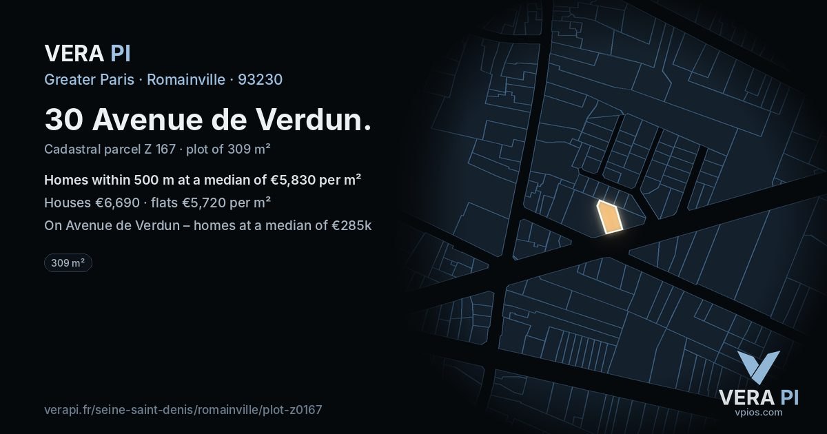 30 Avenue de Verdun, Romainville at night – the plot lit, the parcels around coloured by the prices near them