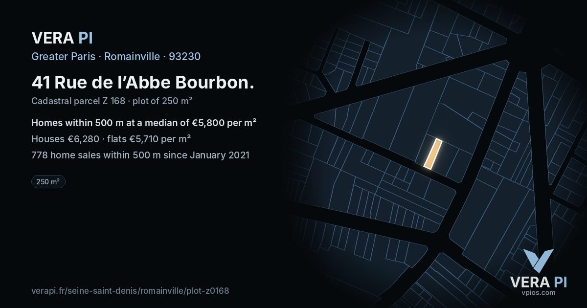 41 Rue de l’Abbe Bourbon, Romainville at night – the plot lit, the parcels around coloured by the prices near them