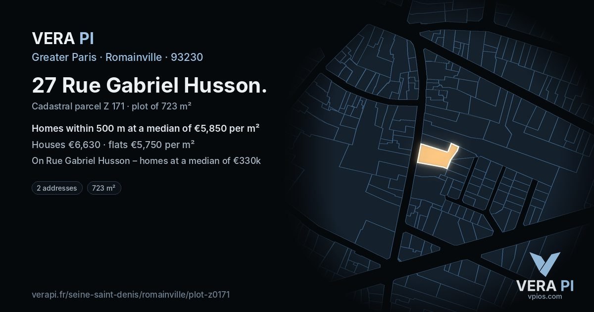 27 Rue Gabriel Husson, Romainville at night – the plot lit, the parcels around coloured by the prices near them