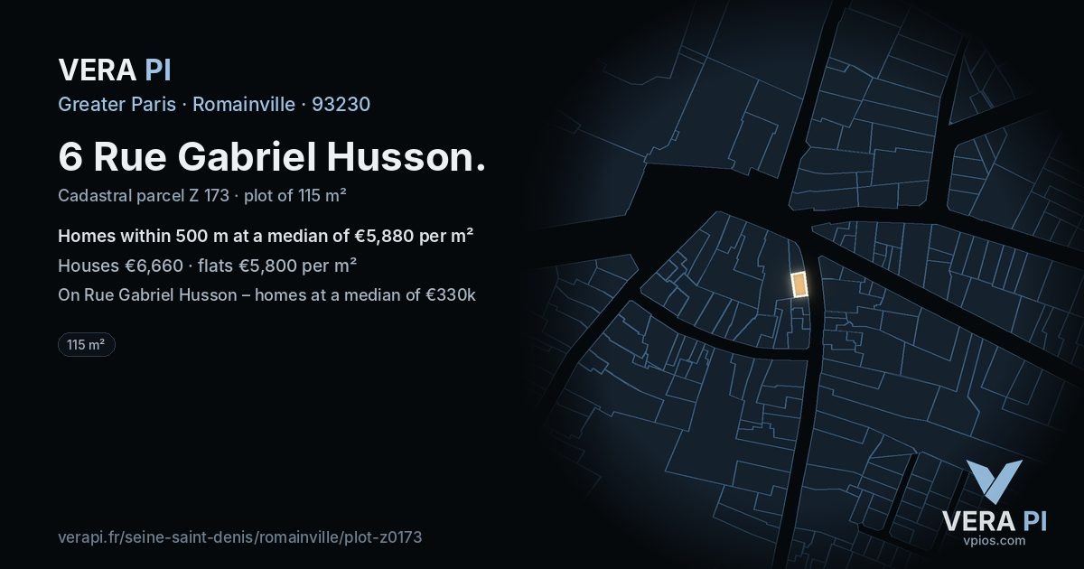 6 Rue Gabriel Husson, Romainville at night – the plot lit, the parcels around coloured by the prices near them
