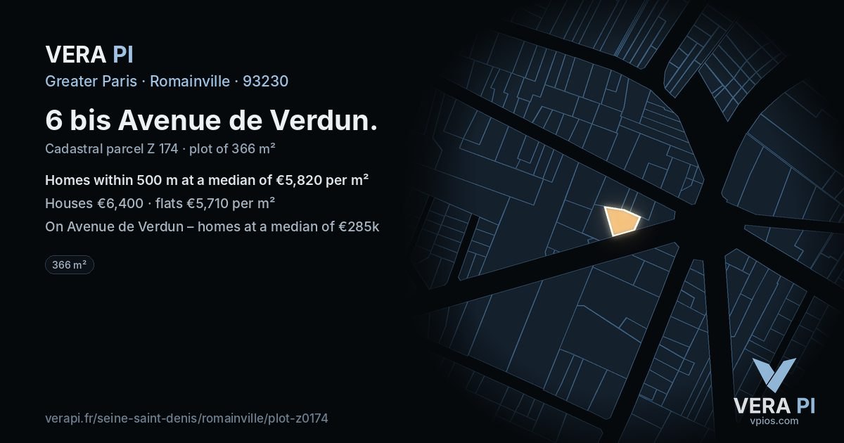 6 bis Avenue de Verdun, Romainville at night – the plot lit, the parcels around coloured by the prices near them