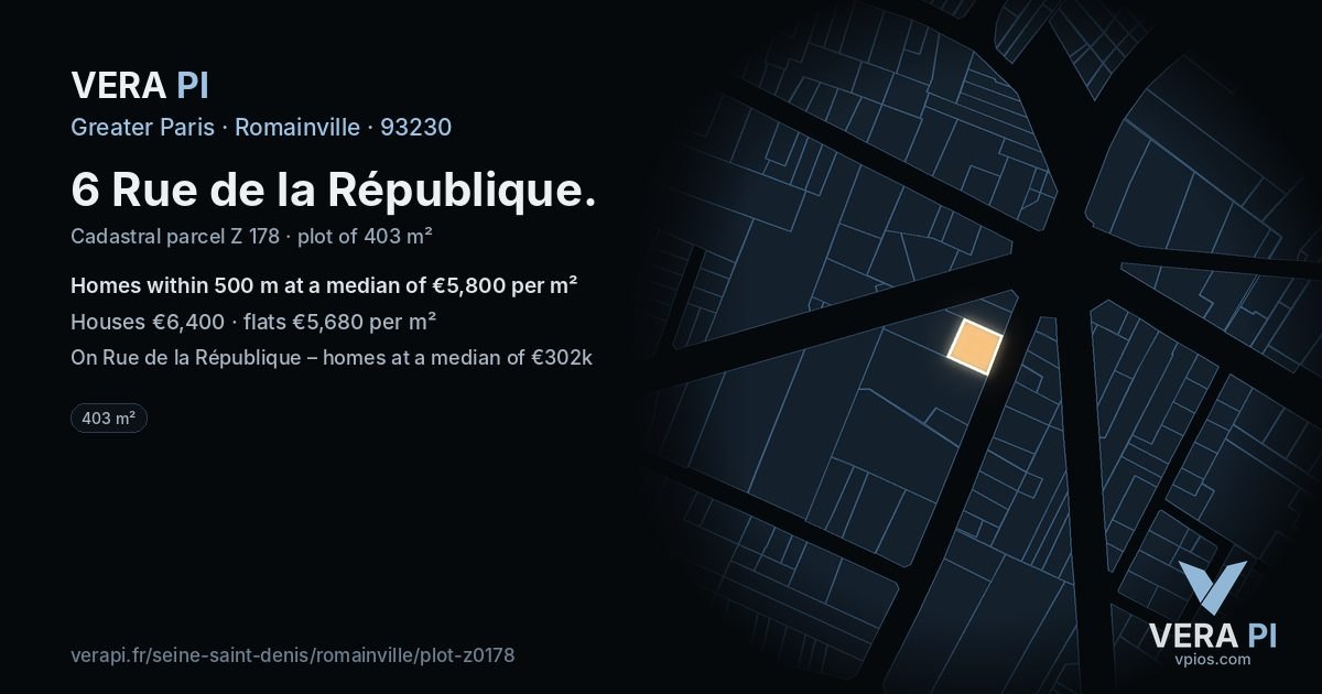 6 Rue de la République, Romainville at night – the plot lit, the parcels around coloured by the prices near them