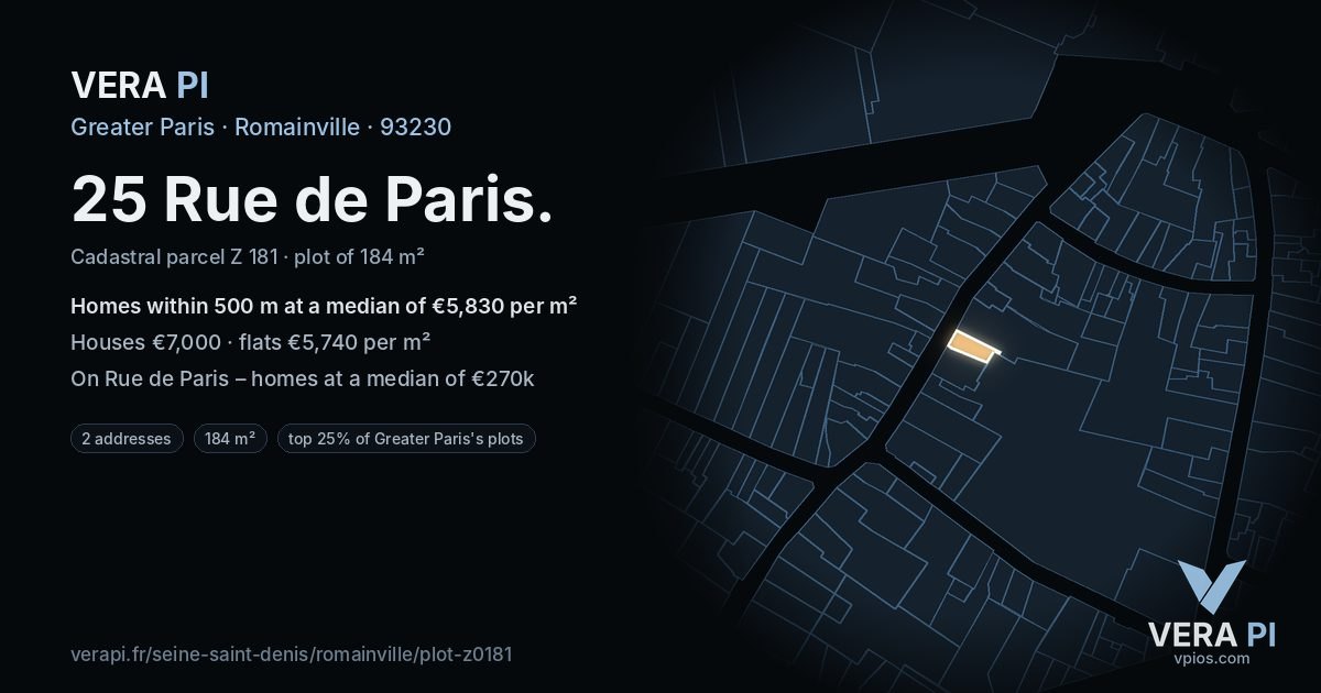 25 Rue de Paris, Romainville at night – the plot lit, the parcels around coloured by the prices near them