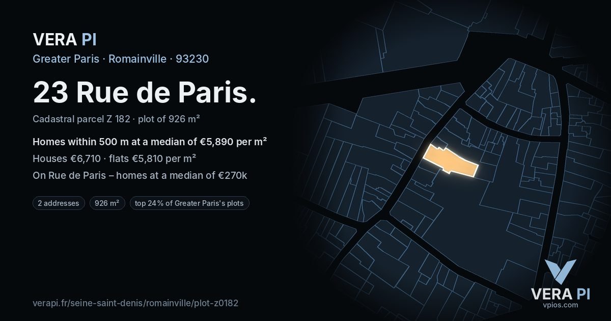 23 Rue de Paris, Romainville at night – the plot lit, the parcels around coloured by the prices near them