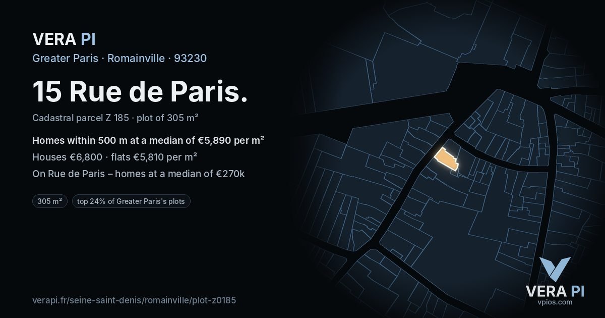 15 Rue de Paris, Romainville at night – the plot lit, the parcels around coloured by the prices near them