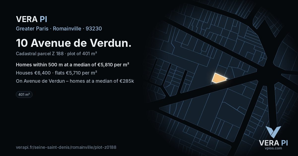 10 Avenue de Verdun, Romainville at night – the plot lit, the parcels around coloured by the prices near them