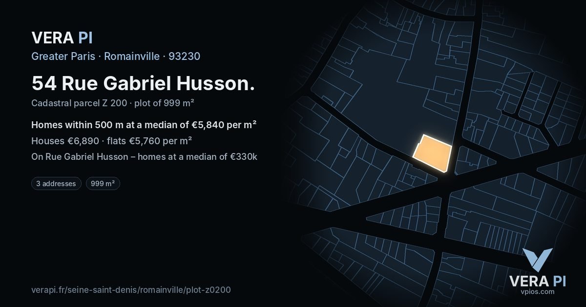 54 Rue Gabriel Husson, Romainville at night – the plot lit, the parcels around coloured by the prices near them