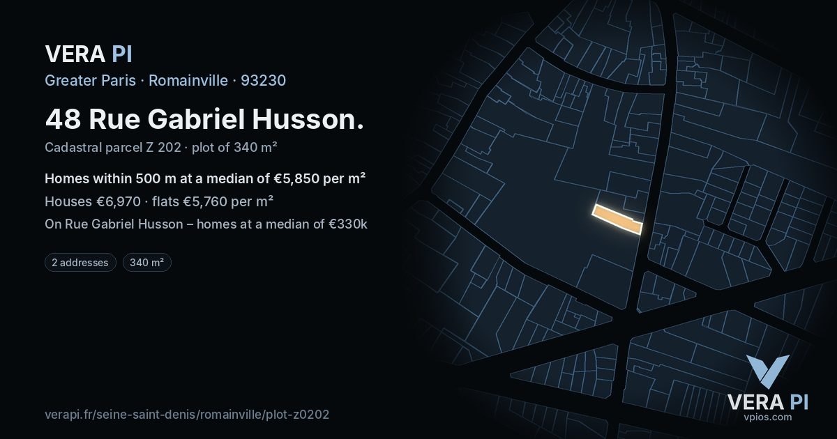 48 Rue Gabriel Husson, Romainville at night – the plot lit, the parcels around coloured by the prices near them