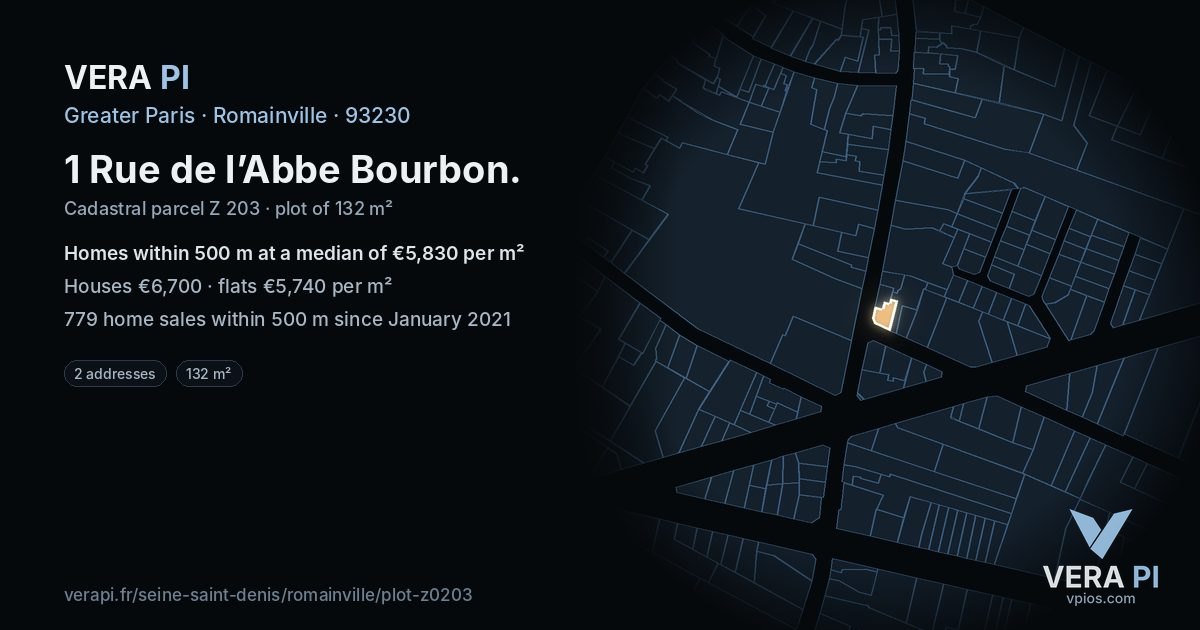 1 Rue de l’Abbe Bourbon, Romainville at night – the plot lit, the parcels around coloured by the prices near them
