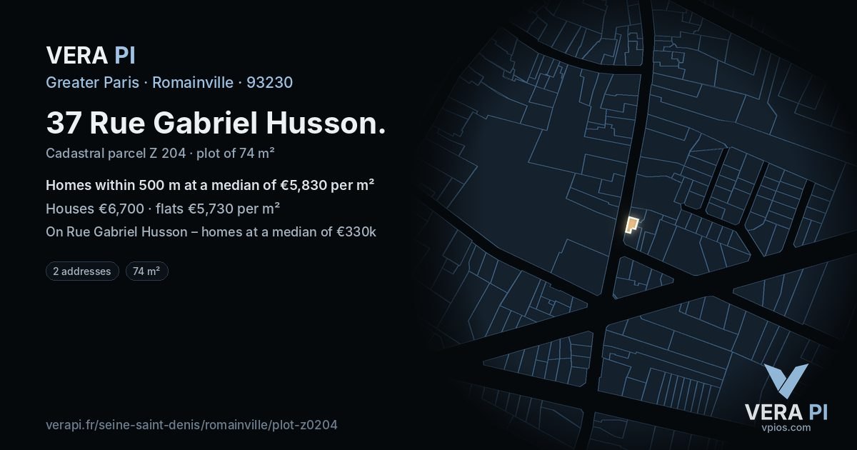 37 Rue Gabriel Husson, Romainville at night – the plot lit, the parcels around coloured by the prices near them