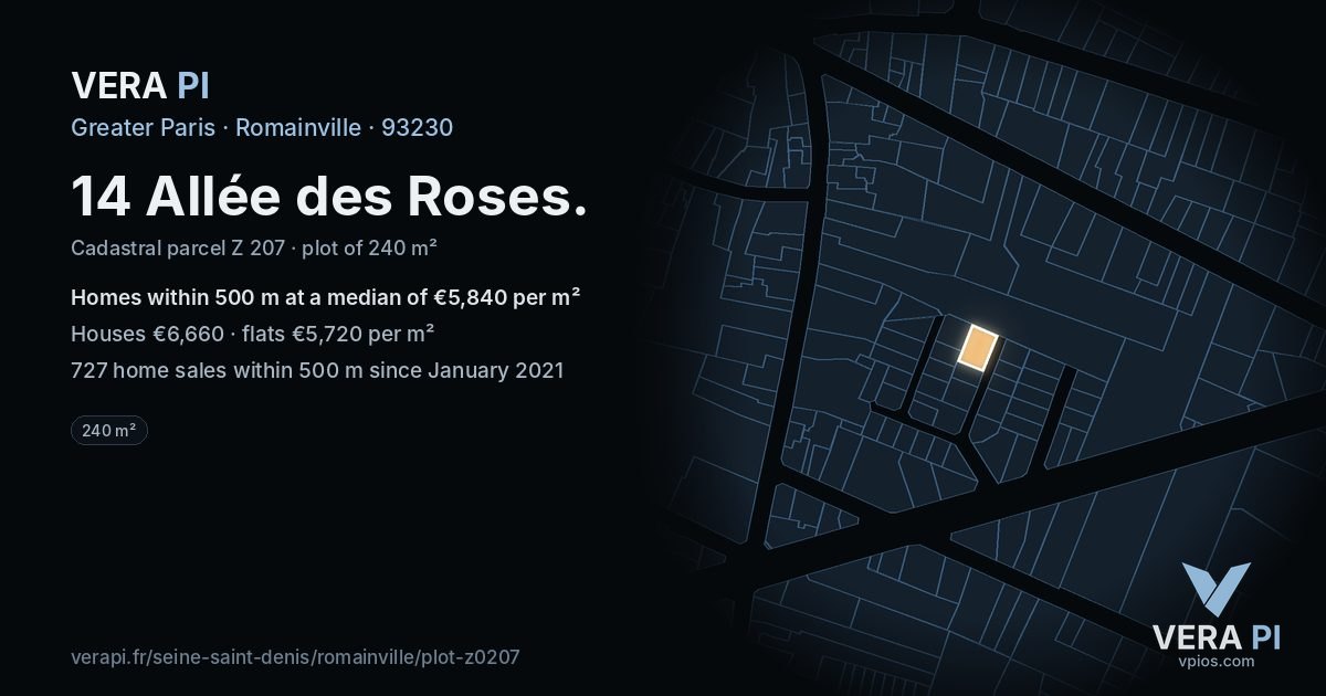 14 Allée des Roses, Romainville at night – the plot lit, the parcels around coloured by the prices near them