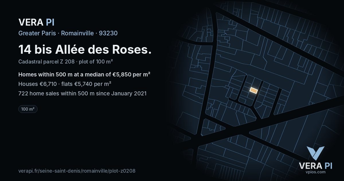 14 bis Allée des Roses, Romainville at night – the plot lit, the parcels around coloured by the prices near them