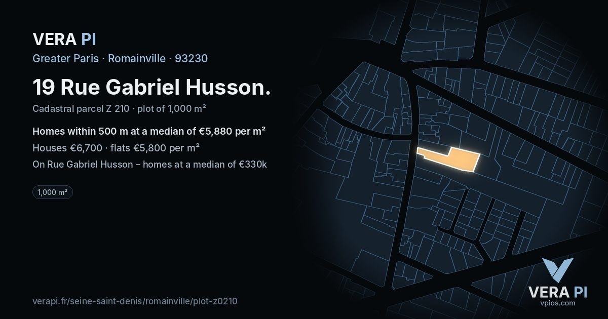 19 Rue Gabriel Husson, Romainville at night – the plot lit, the parcels around coloured by the prices near them