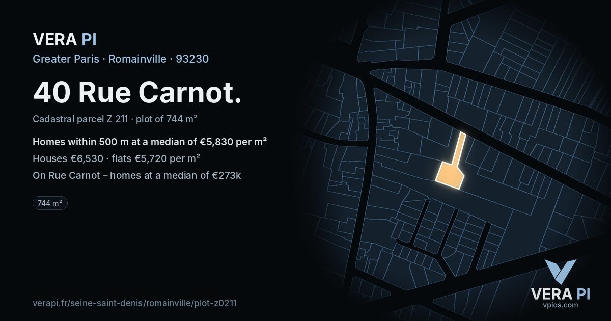40 Rue Carnot, Romainville at night – the plot lit, the parcels around coloured by the prices near them