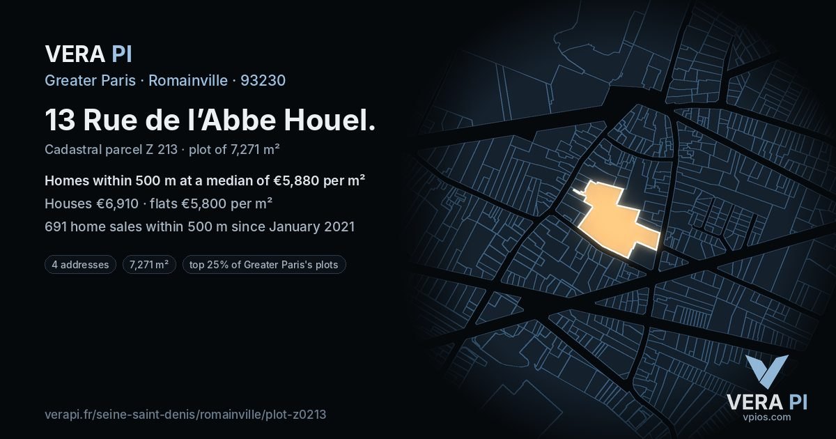 13 Rue de l’Abbe Houel, Romainville at night – the plot lit, the parcels around coloured by the prices near them