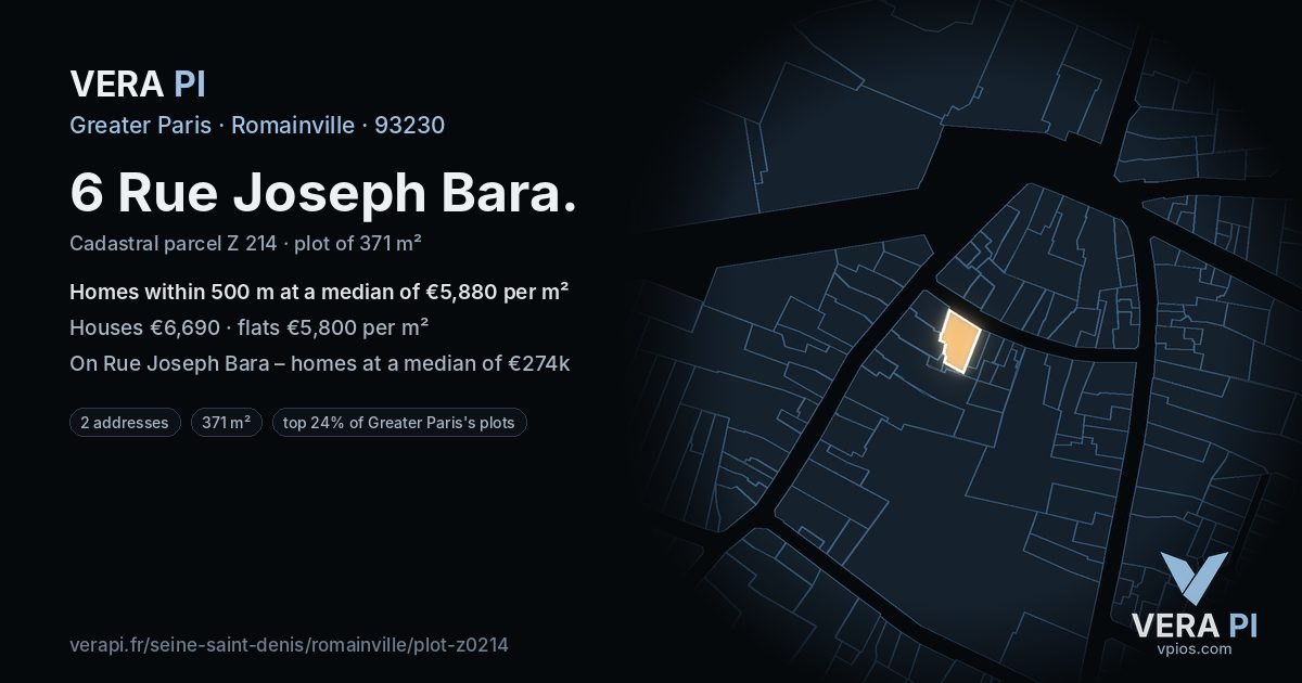 6 Rue Joseph Bara, Romainville at night – the plot lit, the parcels around coloured by the prices near them