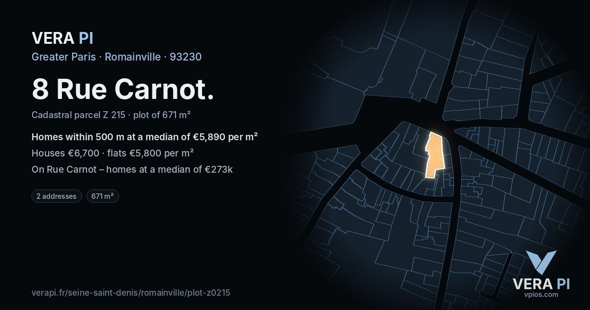 8 Rue Carnot, Romainville at night – the plot lit, the parcels around coloured by the prices near them