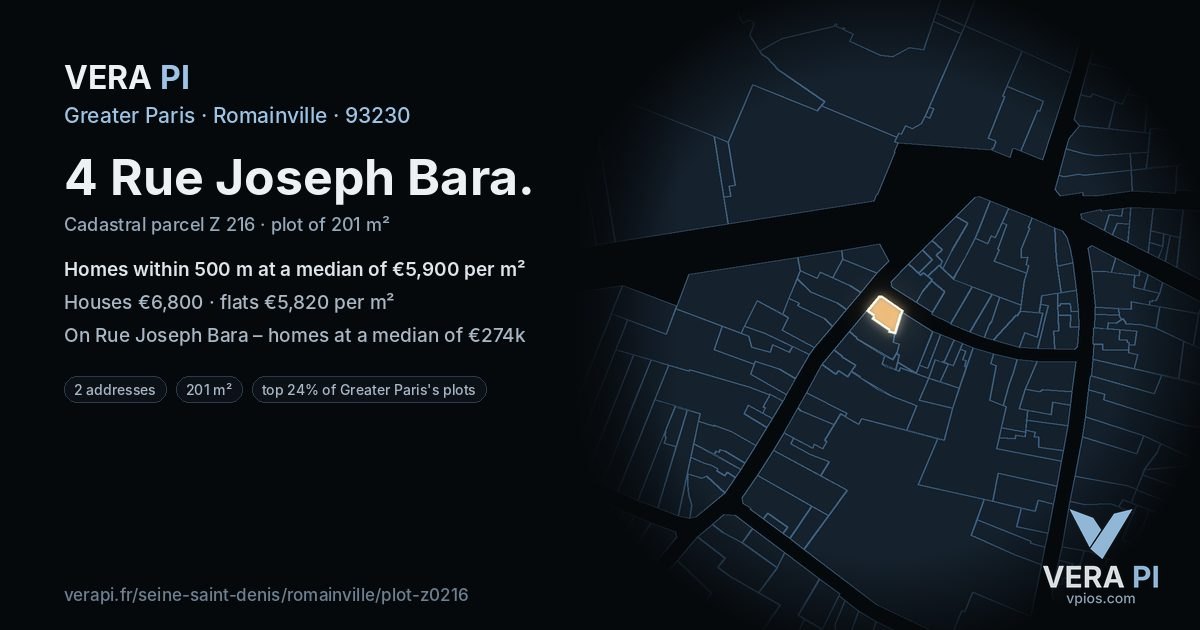 4 Rue Joseph Bara, Romainville at night – the plot lit, the parcels around coloured by the prices near them
