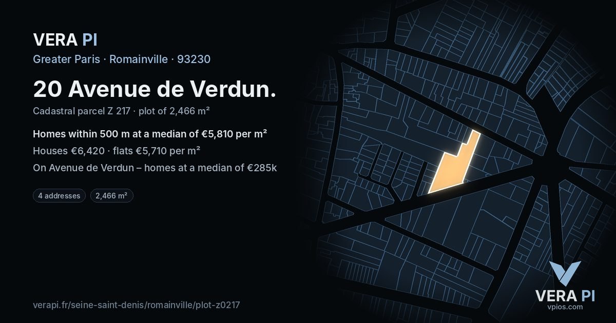 20 Avenue de Verdun, Romainville at night – the plot lit, the parcels around coloured by the prices near them